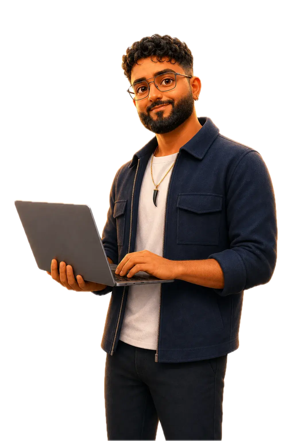 Illustrated portrait of Ajay Sogi holding a laptop